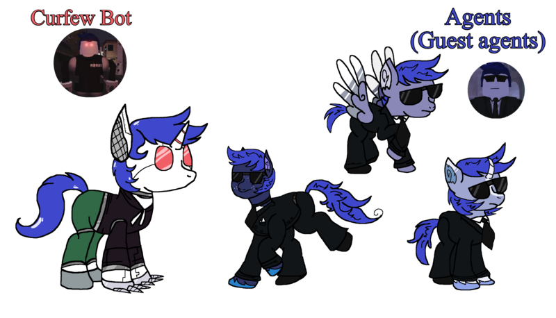 Size: 1920x1098 | Tagged: safe, artist:xxduncandonutxx, derpibooru import, oc, ponified, unofficial characters only, earth pony, pegasus, pony, robot, robot pony, unicorn, agent, clothes, horn, image, png, roblox, roboticization, suit, sunglasses