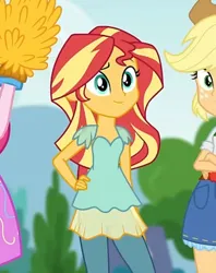 Size: 682x860 | Tagged: safe, derpibooru import, screencap, applejack, pinkie pie, sunset shimmer, human, equestria girls, g4, clothes, cropped, equestria girls specials, hand on hip, image, jpeg, leggings, my little pony equestria girls: dance magic, offscreen character, pants, pom pom, shirt, skirt, sky, solo focus, tree, trio