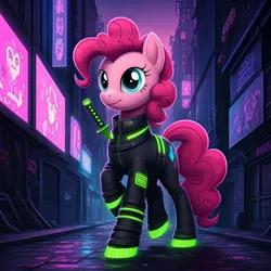 Size: 1024x1024 | Tagged: safe, ai content, generator:google imagen 3.0, machine learning generated, nightcafe ai, pinkie pie, cyberpunk, image, jpeg, music, ninja