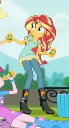 Size: 517x959 | Tagged: safe, derpibooru import, applejack, pinkie pie, spike, spike the regular dog, sunset shimmer, dog, human, equestria girls, g4, boots, bottle, clothes, drink, equestria girls specials, fence, freezer, high heel boots, image, jpeg, leggings, my little pony equestria girls: dance magic, offscreen character, pants, shirt, shoes, skirt, soda, soda bottle