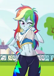 Size: 2150x3000 | Tagged: suggestive, artist:ta-na, derpibooru import, rainbow dash, human, equestria girls, g4, abs, adonis belt, belly, belly button, breasts, clothes, delicious flat chest, female, fit, image, leggings, midriff, muscles, muscular female, one eye closed, outdoors, png, rainbow flat, rainbuff dash, shirt, shirt lift, slender, solo, solo female, sports bra, sweat, sweatband, t-shirt, thighs, thin, tree, underass, wiping face