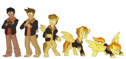 Size: 1400x657 | Tagged: safe, artist:chub-wub, derpibooru import, spitfire, oc, oc:acesential, human, pegasus, pony, g4, clothes, grin, human to pony, image, jacket, jpeg, male to female, rule 63, simple background, smiling, spread wings, transformation, transformation sequence, transgender transformation, white background, wings