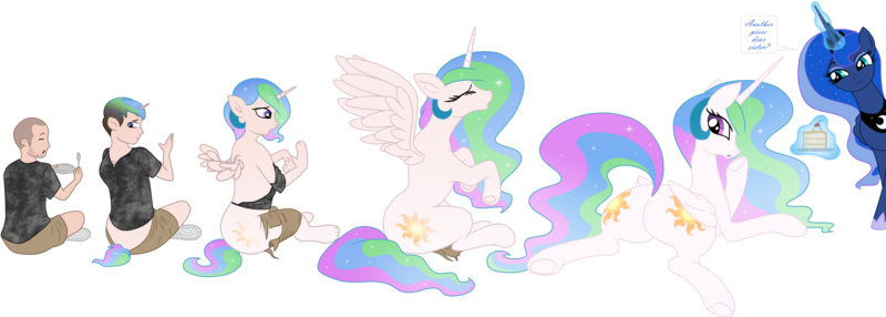 Size: 9132x3266 | Tagged: safe, artist:axiomtf, artist:redpaladin, derpibooru import, princess celestia, princess luna, oc, alicorn, human, pony, g4, absurd resolution, butt, cake, cakelestia, dialogue, eating, food, growth, human oc, human to pony, image, levitation, looking back, lying down, magic, magic aura, male to female, non-mlp oc, plate, plot, png, prone, rule 63, simple background, speech bubble, spoon, telekinesis, transformation, transformation sequence, transgender transformation, transparent background