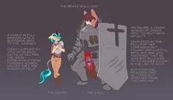 Size: 4300x2500 | Tagged: suggestive, artist:chapaevv, derpibooru import, oc, oc:iron aegis, oc:teal pyre, unofficial characters only, anthro, plantigrade anthro, ammunition, armor, blushing, chains, cross, duo, gun, helmet, image, knight, medic, muzzle flash, patreon, patreon reward, png, shield, shooting, text, the brass wall duo, weapon