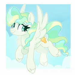 Size: 2048x2037 | Tagged: safe, artist:cinnamontee, derpibooru import, vapor trail, pegasus, pony, g4, cloud, cute, female, image, jpeg, looking back, smiling, solo, spread wings, unshorn fetlocks, wings