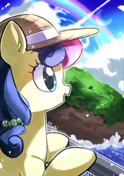 Size: 2480x3508 | Tagged: safe, artist:izuchi, derpibooru import, bon bon, sweetie drops, earth pony, pony, g4, cutie mark hair accessory, female, hairclip, happy, hat, image, mare, open smile, outdoors, png, railing, rainbow, signature, sky, solo, sonic rainboom, water