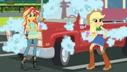 Size: 2276x1284 | Tagged: safe, derpibooru import, screencap, applejack, sunset shimmer, human, equestria girls, g4, boots, bubble, car wash, clothes, duo, duo female, equestria girls specials, female, fence, freckles, happy, hat, high heel boots, image, jpeg, leggings, my little pony equestria girls: dance magic, outdoors, pants, parking lot, pickup truck, shirt, shoes, skirt, smiling, soap, soap suds, sponge, truck, wheel, working