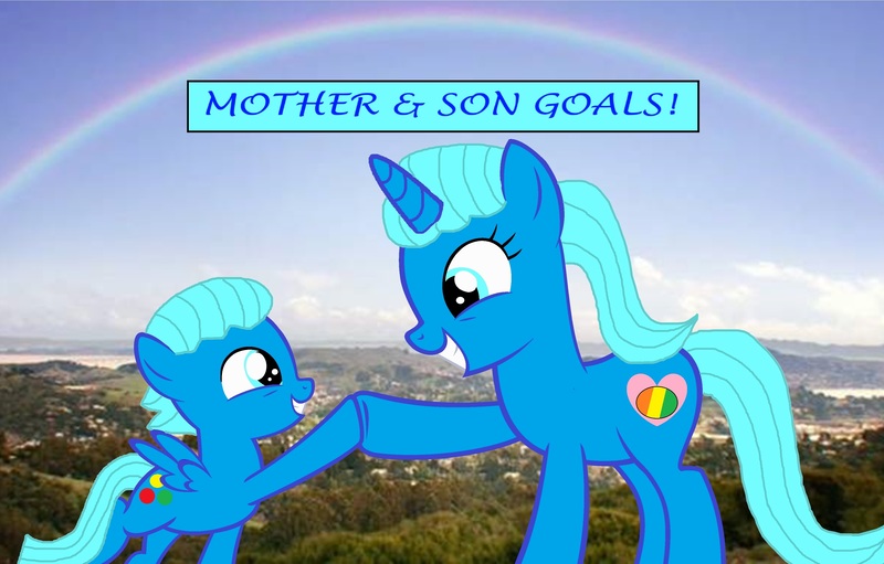 Size: 3731x2383 | Tagged: safe, artist:memeartboi, derpibooru import, ponified, pegasus, pony, unicorn, g4, beautiful, colt, cute, duo, duo male and female, eyes open, female, foal, grin, gumball watterson, happy, heart, heart cutiemark, high five, hoofbump, horn, image, jpeg, little boy, looking at each other, looking at someone, male, mare, mother, mother and child, mother and son, motherly, nicole watterson, open mouth, open smile, outdoors, pegasus wings, precious, rainbow, smiling, spread wings, standing, teeth, text, the amazing world of gumball, unicorn horn, wings