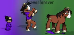 Size: 2221x1049 | Tagged: dead source, safe, artist:trevorforever, derpibooru import, trouble shoes, clydesdale, earth pony, human, pony, g4, age progression, child, clothes, gradient background, growth, human to pony, hypno eyes, image, male, older, png, sweater, torn clothes, transformation, transformation sequence