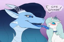 Size: 1832x1200 | Tagged: suggestive, derpibooru import, oc, oc:grazia, oc:opal brona, changeling, dragon, blushing, crown, dragoness, drool, female, feral, image, implied vore, italian, jewelry, licking, png, regalia, size difference, tongue out