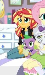 Size: 657x1098 | Tagged: safe, derpibooru import, fluttershy, opalescence, spike, spike the regular dog, sunset shimmer, dog, human, equestria girls, g4, bed, bedroom, boots, bow, clothes, collar, equestria girls specials, frown, image, jacket, jpeg, leggings, my little pony equestria girls: dance magic, offscreen character, pants, shirt, shoes, skirt