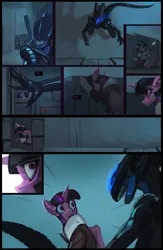 Size: 952x1456 | Tagged: safe, artist:alientsdev, derpibooru import, twilight sparkle, twilight sparkle (alicorn), alicorn, alien, pony, xenomorph, comic:alien: twilight signing off, g4, alien (franchise), caught, clothes, comic, duo, female, hiding, hissing, image, imminent death, jacket, mare, png, space station