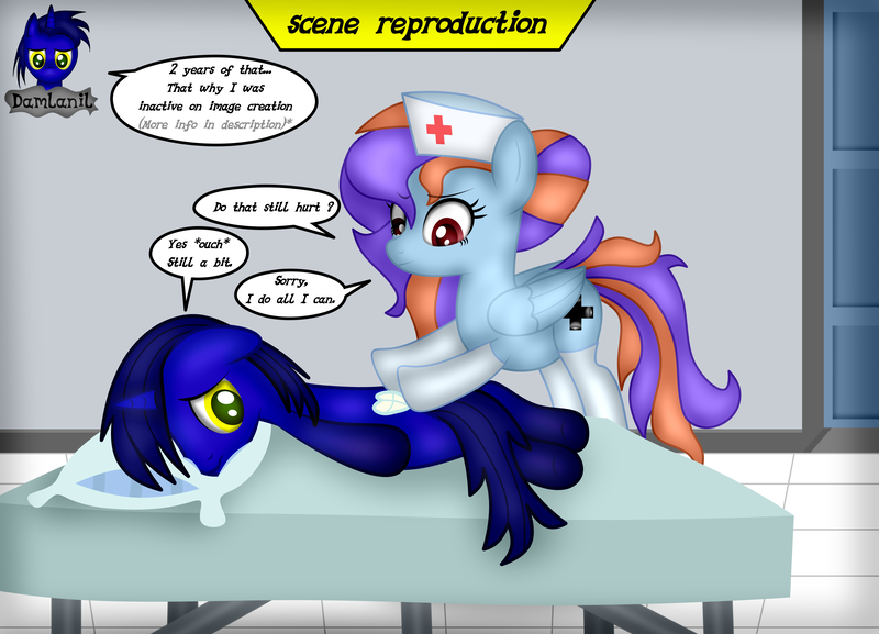 Size: 5760x4154 | Tagged: safe, artist:damlanil, derpibooru import, oc, oc:damlanil, oc:nurse wishing star, pegasus, pony, unicorn, bandage, bed, bun, clothes, comic, damlanil's lab, duo, female, gloves, hair bun, hat, horn, image, laboratory, latex, latex gloves, latex socks, male, mare, nurse hat, pillow, png, show accurate, socks, speech bubble, stallion, text, vector, wings