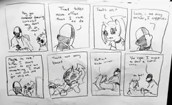 Size: 2048x1250 | Tagged: safe, artist:pony quarantine, derpibooru import, oc, oc:dyx, oc:ponyquarantine, alicorn, human, pony, black and white, comic, dialogue, duo, duo male and female, female, filly, foal, grayscale, human male, image, jpeg, male, monochrome, pencil drawing, traditional art