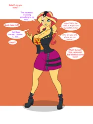 Size: 2400x3200 | Tagged: safe, artist:dochazard, derpibooru import, sunset shimmer, human, equestria girls, g4, big breasts, breasts, cleavage, dialogue, female, high res, huge breasts, image, jewelry, mental shift, necklace, offscreen character, png, simple background, speech bubble, transformation