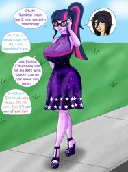 Size: 1995x2669 | Tagged: safe, artist:dochazard, derpibooru import, part of a set, sci-twi, twilight sparkle, human, equestria girls, g4, big breasts, breasts, clothes, dialogue, dress, female, high res, huge breasts, image, implied rainbow dash, mental shift, offscreen character, png, post-transformation, reality shift, speech bubble, transformation, walking