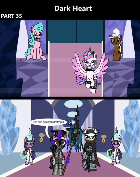 Size: 1920x2432 | Tagged: semi-grimdark, artist:platinumdrop, derpibooru import, aquamarine, king sombra, princess flurry heart, queen chrysalis, oc, oc:brave dawn, alicorn, earth pony, pony, comic:dark heart, g4, 2 panel comic, abuse, alternate timeline, armor, balancing, beard, blood, bracelet, chrysabuse, clothes, collar, colt, comic, commission, crystal, crystal castle, crystal empire, cup, dark crystal, decapitated, dialogue, evil flurry heart, excited, facial hair, facial scar, female, foal, glow, glowing eyes, glowing horn, green blood, halberd, happy, hat, horn, husband and wife, image, indoors, knight, looking at someone, magic, magic aura, male, mare, musical instrument, nail file, offscreen character, older, older aquamarine, older flurry heart, pike, png, polearm, scar, severed head, ship:flurrybra, shipping, sitting, slave, slave collar, smiling, speech bubble, spiked collar, spiked wristband, spread wings, stallion, straight, teacup, teapot, telekinesis, throne, throne room, tray, trumpet, uniform, victorious villain, walking, weapon, wings, wristband