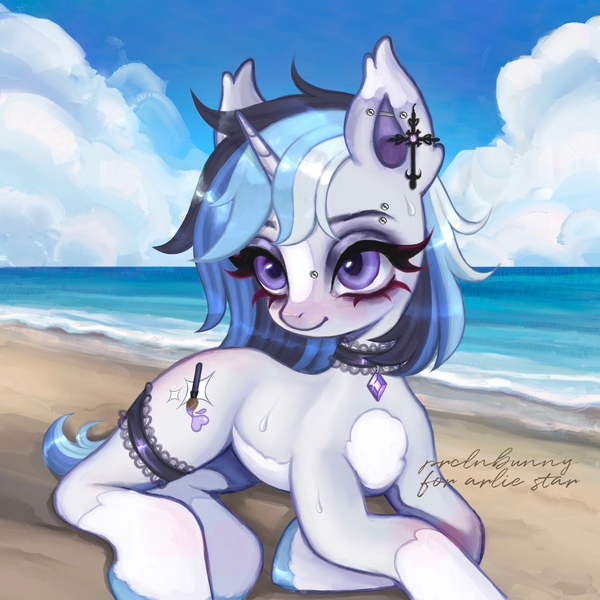 Size: 3500x3500 | Tagged: safe, artist:krol2501, derpibooru import, oc, unofficial characters only, pony, unicorn, beach, bridge piercing, choker, ear piercing, earring, eyebrow piercing, female, horn, image, jewelry, jpeg, lying down, mare, ocean, outdoors, piercing, prone, solo, sweat, water