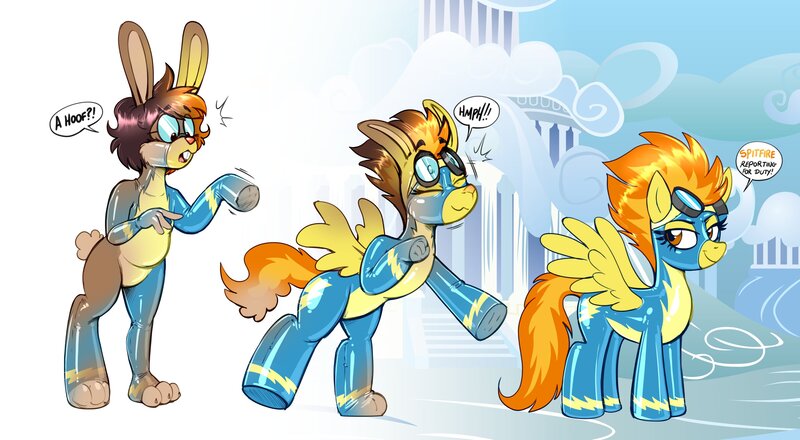 Size: 3124x1720 | Tagged: safe, artist:redflare500, derpibooru import, spitfire, pegasus, pony, rabbit, g4, animal, clothes, furry, furry to pony, image, jpeg, latex, reality shift, speech bubble, spread wings, transformation, transformation sequence, uniform, wings, wonderbolts uniform