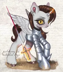 Size: 1121x1280 | Tagged: safe, artist:krol2501, derpibooru import, oc, alicorn, pony, alicorn oc, armor, blood, ear piercing, earring, female, horn, image, jewelry, jpeg, magic, mare, piercing, rapier, spread wings, sword, telekinesis, unshorn fetlocks, weapon, wings