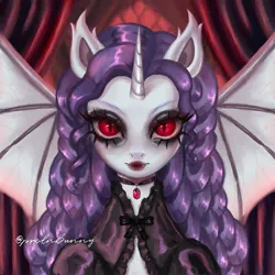 Size: 2048x2048 | Tagged: safe, artist:prclnbunny, derpibooru import, rarity, alicorn, bat pony, bat pony alicorn, pony, alternate hairstyle, bat ponified, bat wings, clothes, ear tufts, fangs, female, horn, image, jpeg, lipstick, mare, race swap, raribat, red eyes, slit pupils, solo, spread wings, wings