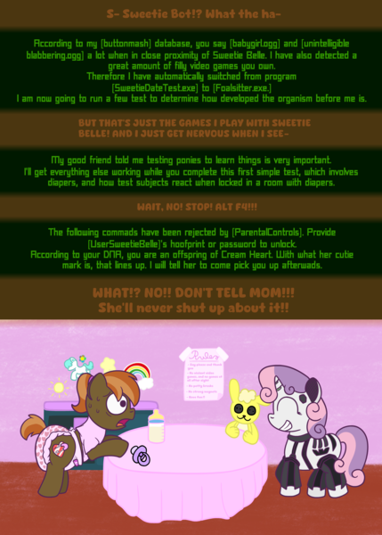 Size: 2000x2800 | Tagged: safe, artist:snowflakepone, derpibooru import, button mash, sweetie belle, earth pony, pony, robot, robot pony, unicorn, g4, baby bottle, changing table, detailed background, diaper, diaper fetish, embarrassed, fetish, happy, horn, humiliation, image, leaning, png, smiling, speech bubble, sticker, sweetie bot, table