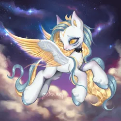 Size: 1440x1440 | Tagged: safe, artist:prclnbunny, derpibooru import, oc, oc:blueberry lemonzest, unofficial characters only, pegasus, pony, choker, cloud, colored wings, colored wingtips, crying, female, flying, image, jpeg, mare, multiple eyes, outdoors, solo, spread wings, unshorn fetlocks, wings