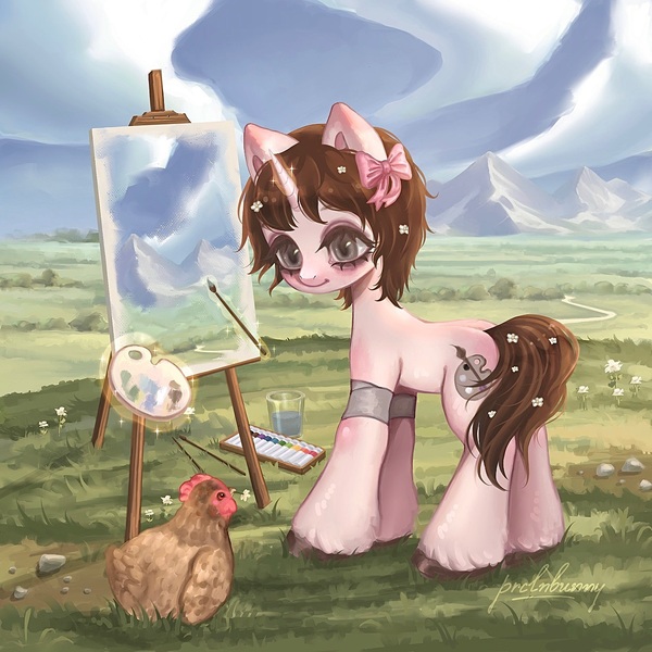 Size: 1300x1300 | Tagged: safe, artist:prclnbunny, derpibooru import, oc, unofficial characters only, bird, chicken, pony, unicorn, bandage, bow, draw this in your style, easel, female, flower, flower in hair, flower in tail, hair bow, horn, image, jpeg, looking at each other, looking at someone, magic, mare, mouth hold, outdoors, paintbrush, painting, palette, scenery, solo, tail, telekinesis, unshorn fetlocks