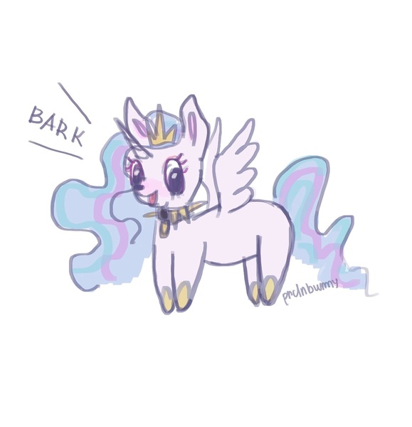 Size: 1440x1491 | Tagged: safe, artist:prclnbunny, derpibooru import, princess celestia, alicorn, pony, g4, barking, behaving like a dog, collar, female, hoof shoes, image, jewelry, jpeg, mare, regalia, simple background, solo, spiked collar, spread wings, white background, wings