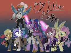 Size: 4473x3352 | Tagged: safe, artist:bryonythewolf, derpibooru import, applejack, fluttershy, pinkie pie, rainbow dash, rarity, twilight sparkle, twilight sparkle (alicorn), alicorn, earth pony, pegasus, pony, unicorn, g4, alternate universe, baseball bat, butterfly knife, clothes, corrupted, crowbar, eyepatch, female, glasses, gradient background, gun, handgun, high res, hoof shoes, horn, image, jewelry, knife, mafia, mane six, mare, older, older twilight, outline, pistol, png, scar, tommy gun, weapon