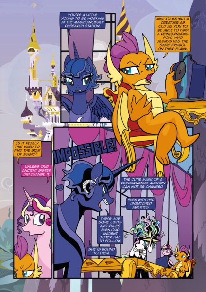 Size: 1920x2715 | Tagged: safe, artist:alexdti, artist:v-nico, derpibooru import, princess cadance, princess celestia, princess luna, smolder, dragon, pony, comic:alicorn of magic, g4, computer, image, laptop computer, png