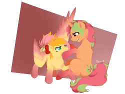 Size: 3000x2250 | Tagged: safe, artist:lazyeva, derpibooru import, oc, unofficial characters only, pegasus, pony, unicorn, abstract background, annoyed, bow, colored wings, colored wingtips, curved horn, duo, female, hair bow, horn, image, mare, png, siblings, simple background, sisters, transparent background, wings