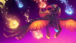 Size: 3500x2000 | Tagged: safe, artist:lazyeva, derpibooru import, oc, unofficial characters only, pegasus, pony, commission, fireworks, flying, image, png, solo, spread wings, wings