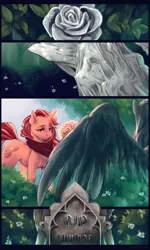 Size: 900x1500 | Tagged: safe, artist:lazyeva, derpibooru import, oc, oc:red palette, pegasus, pony, unicorn, clothes, craft, curved horn, female, flower, gravestone, horn, image, magic, mare, png, rose, scarf, sculpture, solo, spread wings, telekinesis, veil, wings