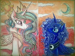 Size: 1200x888 | Tagged: safe, artist:deidad dissitum, derpibooru import, princess celestia, princess luna, pony, unicorn, g4, 2020, crown, curly mane, duo, female, horn, image, jewelry, jpeg, moon, multicolored hair, regalia, siblings, sisters, sky, sun, traditional art