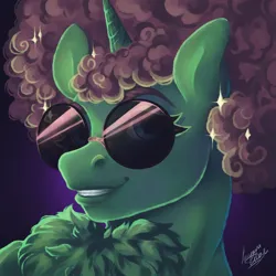 Size: 1000x1000 | Tagged: safe, artist:lazyeva, derpibooru import, oc, unofficial characters only, pony, unicorn, afro, bust, chest fluff, commission, horn, image, png, portrait, smiling, solo, sunglasses