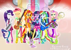 Size: 2400x1700 | Tagged: safe, artist:[mlp] harmony, derpibooru import, applejack, fluttershy, pinkie pie, rainbow dash, rarity, sci-twi, spike, sunset shimmer, twilight sparkle, vinyl scratch, dog, human, equestria girls, g4, bassmobile, digital art, drums, eyes closed, female, hairpin, humane five, humane seven, humane six, image, keytar, male, microphone, musical instrument, my little pony equestria girls: rainbow rocks, png, ponied up, rainbow, rainbow rocks 10th anniversary, red sky, side by side, singing, spike the dog, tambourine, welcome to the show