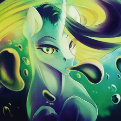 Size: 1000x1000 | Tagged: safe, artist:lazyeva, derpibooru import, oc, unofficial characters only, pony, unicorn, bubble, crepuscular rays, curved horn, digital art, female, flowing mane, horn, image, jpeg, lidded eyes, looking at you, mare, ocean, open mouth, poison, solo, sunlight, swimming, underwater, water