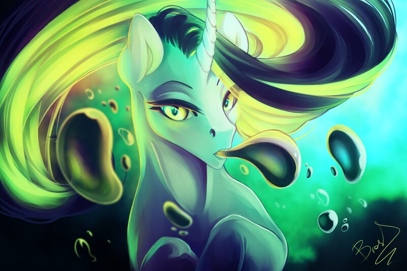 Size: 1500x1000 | Tagged: safe, artist:lazyeva, derpibooru import, oc, unofficial characters only, pony, unicorn, bubble, crepuscular rays, curved horn, digital art, female, flowing mane, horn, image, jpeg, lidded eyes, looking at you, mare, ocean, open mouth, poison, solo, sunlight, swimming, underwater, water