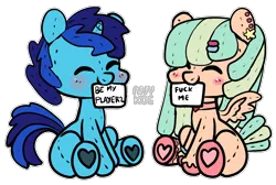 Size: 1486x1000 | Tagged: safe, artist:anykoe, derpibooru import, oc, oc:dial liyon, oc:minty star, unofficial characters only, original species, pegasus, plush pony, pony, unicorn, blue skin, blushing, commission, cute, duo, ear piercing, earring, eyes closed, heart, holiday, horn, image, jewelry, pegasus oc, piercing, plushie, png, sign, signature, simple background, spread wings, text, transparent background, unicorn oc, valentine's day, wings, ych example, ych result, your character here