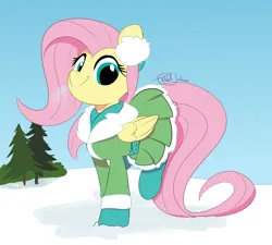 Size: 2500x2250 | Tagged: safe, artist:fakkajohan, derpibooru import, fluttershy, pegasus, pony, g4, belt, clothes, female, image, looking at you, outdoors, pine tree, png, scarf, signature, skirt, smiling, snow, socks, solo, tree, winter, winter outfit