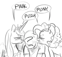 Size: 1304x1196 | Tagged: dead source, suggestive, artist:nobody, artist:oppa-homeless-style, derpibooru import, pinkie pie, princess cadance, oc, oc:anon, human, g4, alliteration, anon gets all the mares, bedroom eyes, blushing, dialogue, female, horse pussy, image, lip bite, lucky bastard, monochrome, open mouth, pink privilege, png, simple background, sketch, smiling, sweat, sweating profusely, teasing, this will end in snu snu, unf, vulgar, white background