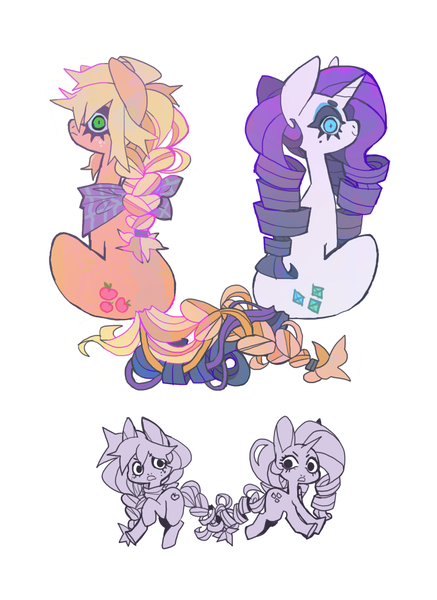 Size: 985x1353 | Tagged: safe, artist:cutesykill, derpibooru import, applejack, rarity, earth pony, pony, unicorn, g4, alternate accessories, alternate hairstyle, alternate tailstyle, bandana, beanbrows, beauty mark, big ears, blonde mane, blonde tail, blue eyes, blue eyeshadow, braid, braided tail, colored eyebrows, colored eyelashes, duo, duo female, eyebrows, eyelashes, eyeshadow, female, freckles, frown, green eyes, hair tie, hatless, horn, image, intertwined tails, long mane, long tail, looking at you, looking back, looking back at you, makeup, mane tie, mare, missing accessory, neckerchief, no catchlights, orange coat, png, ponytail, profile, purple eyelashes, purple mane, purple tail, ringlets, running, sitting, slit pupils, smiling, smiling at you, spiky mane, symmetrical, tail, thick eyelashes, tied mane, tied tail, turned head, unicorn horn, unusual pupils, white coat, wide eyes