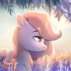 Size: 1280x1280 | Tagged: safe, artist:ghst-qn, derpibooru import, oc, unofficial characters only, pegasus, pony, blue eyes, blushing, chest fluff, ear fluff, eye reflection, grass, image, jpeg, looking sideways, reflection, smiling, solo, sunlit, tree, wing fluff, wings