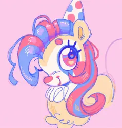 Size: 1042x1093 | Tagged: safe, artist:onionpwder, derpibooru import, oc, oc:honkadoodle, unofficial characters only, earth pony, pony, beanbrows, blue eyelashes, blue pupils, chest fluff, clown makeup, colored eyebrows, colored eyelashes, colored pinnae, colored pupils, earth pony oc, eyebrows, eyelashes, female, female oc, half body, hat, image, jpeg, looking back, looking up, makeup, mare, mare oc, party hat, pink background, profile, red eyes, requested art, ruff (clothing), shiny mane, simple background, smiling, solo, two toned mane, yellow coat