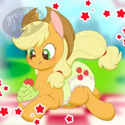 Size: 2000x2000 | Tagged: safe, artist:greysonsdippy, derpibooru import, applejack, earth pony, pony, g4, cupcake, diaper, diaper fetish, fetish, food, image, jpeg, poofy diaper, smiling, solo