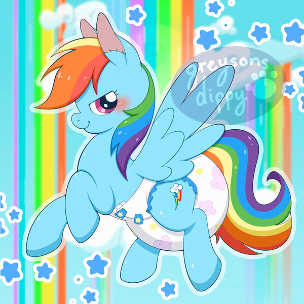 Size: 2000x2000 | Tagged: safe, artist:greysonsdippy, derpibooru import, rainbow dash, pegasus, pony, g4, blushing, diaper, diaper fetish, fetish, image, jpeg, poofy diaper, solo, spread wings, wings