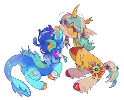 Size: 2048x1664 | Tagged: safe, artist:onionpwder, derpibooru import, oc, oc:rainbow rings, oc:star power, merpony, pony, unicorn, ambiguous gender, bald face, blaze (coat marking), blue blush, blue body, blue coat, blue eyelashes, blue mane, blue tail, blush scribble, blushing, bracelet, coat markings, collar, colored ears, colored eyebrows, colored hooves, colored legs, colored wings, coontails, cuffs (clothes), curved horn, ear markings, ear tufts, eye clipping through hair, eyebrows, eyebrows visible through hair, facial markings, fin ears, fin wings, fins, fish tail, fusion:dj pon-3, fusion:sunburst, fusion:vinyl scratch, gradient mane, gradient tail, gradient wings, green wings, hair accessory, hair tie, headphones, hooves, horn, image, jewelry, kissing, lying down, mane accessory, mane tie, merpony oc, mismatched hooves, multicolored hooves, multicolored mane, neck ribbon, oc x oc, orange hooves, png, ponytail, profile, prone, raised hoof, raised hooves, red eyelashes, shiny hooves, shiny mane, shiny tail, shipping, simple background, sitting, snip (coat marking), socks (coat marking), tail, tail accessory, tail markings, three quarter view, tied mane, transparent background, two toned tail, unicorn oc, unshorn fetlocks, wings, yellow coat