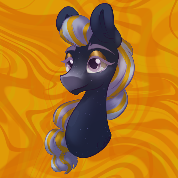 Size: 2306x2306 | Tagged: safe, artist:cupute, derpibooru import, horse, species:horse, abstract background, black coat, bust, colored eyebrows, colored eyelashes, digital art, ears up, equine, gradient muzzle, halley (wild manes), horseshoes, image, long mane, looking at you, multicolored hair, orange background, photo, png, poofy mane, portrait, purple eyes, purple hair, shading, simple background, smiling, smiling at you, solo, swirls, wild manes