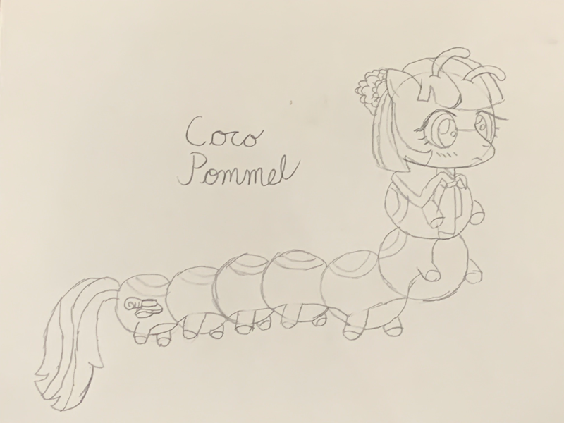 Size: 4032x3024 | Tagged: safe, artist:aidanthedrawerboi10, derpibooru import, coco pommel, caterpillar, g4, image, leaf, monochrome, png, solo, species swap, traditional art